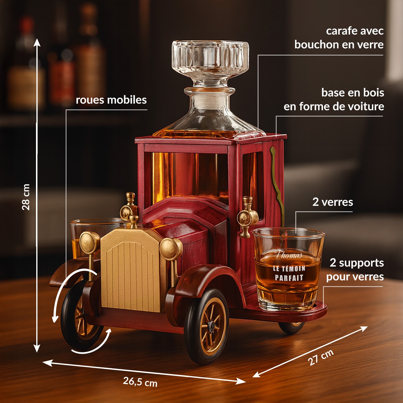 Carafe en coche de madera con 2 vasos personalizados para regalo de agradecimiento de bodas de Murrano