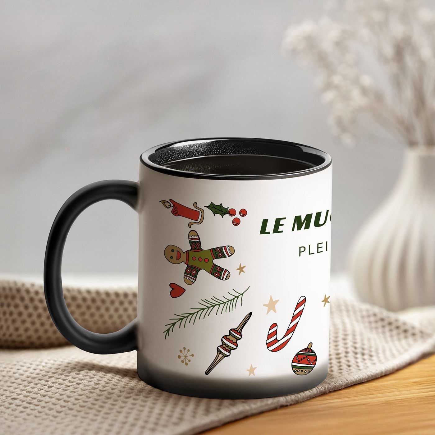 Taza Mágica de Murrano con Impresión Negro y Blanco para Mujer - Navidad