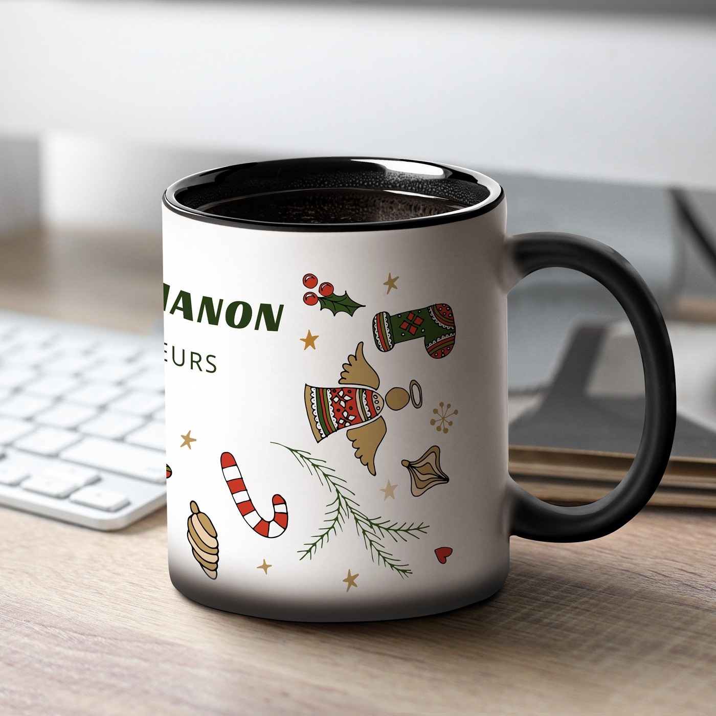 Taza Mágica de Murrano con Impresión Negro y Blanco para Mujer - Navidad