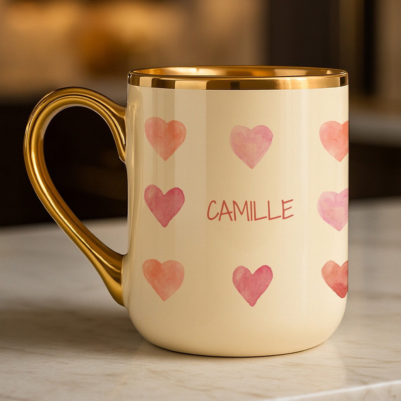 Mug de cerámica Murrano con borde y asa dorados para mujer - Regalo personalizado para el Día de San Valentín