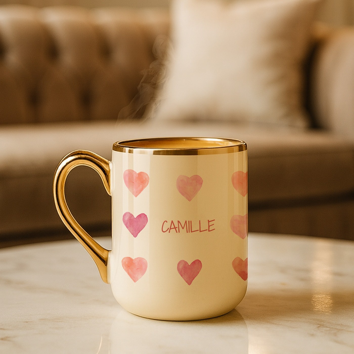 Mug de cerámica Murrano con borde y asa dorados para mujer - Regalo personalizado para el Día de San Valentín