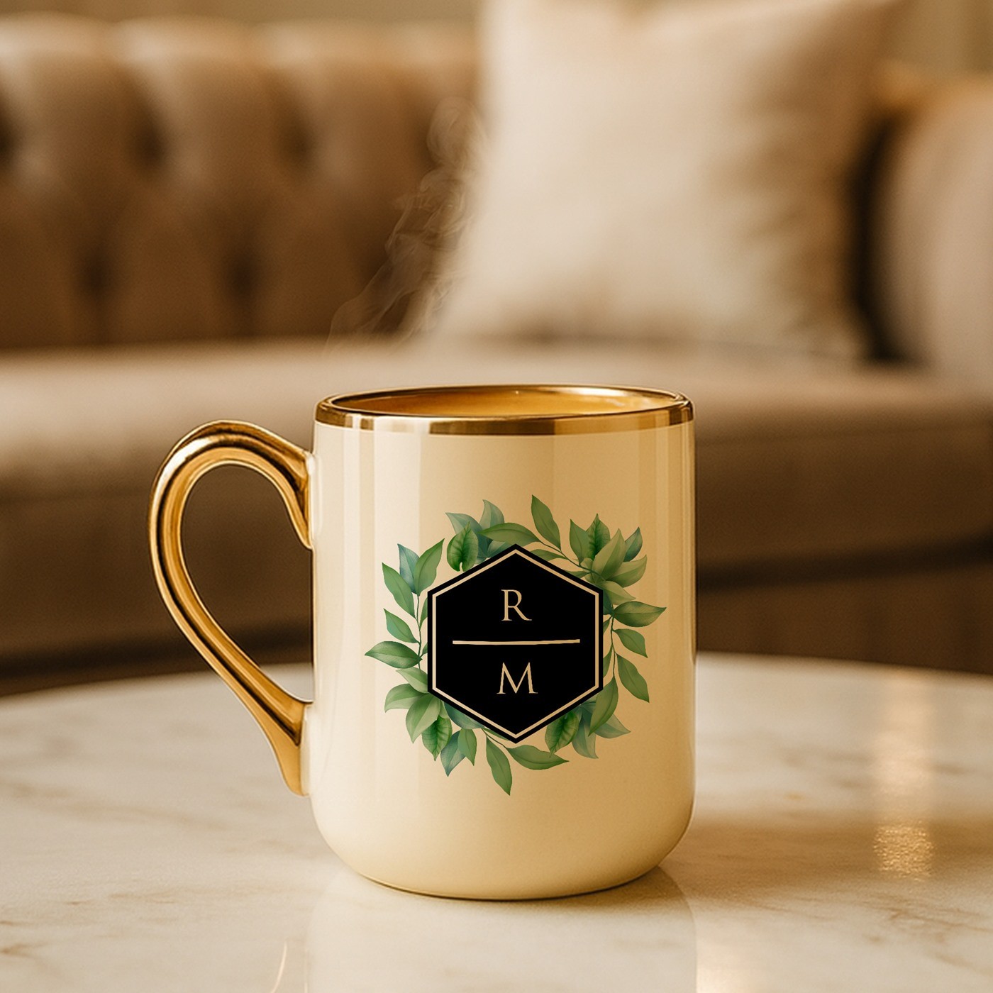 Mug de cerámica beige personalizado con borde y mango dorados para él o ella, Murrano, para el Día de San Valentín