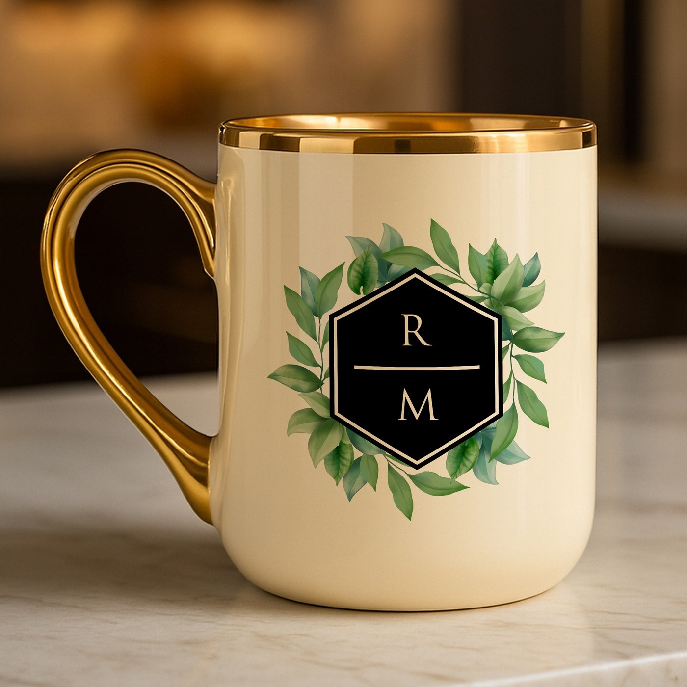 Mug de cerámica beige personalizado con borde y mango dorados para él o ella, Murrano, para el Día de San Valentín