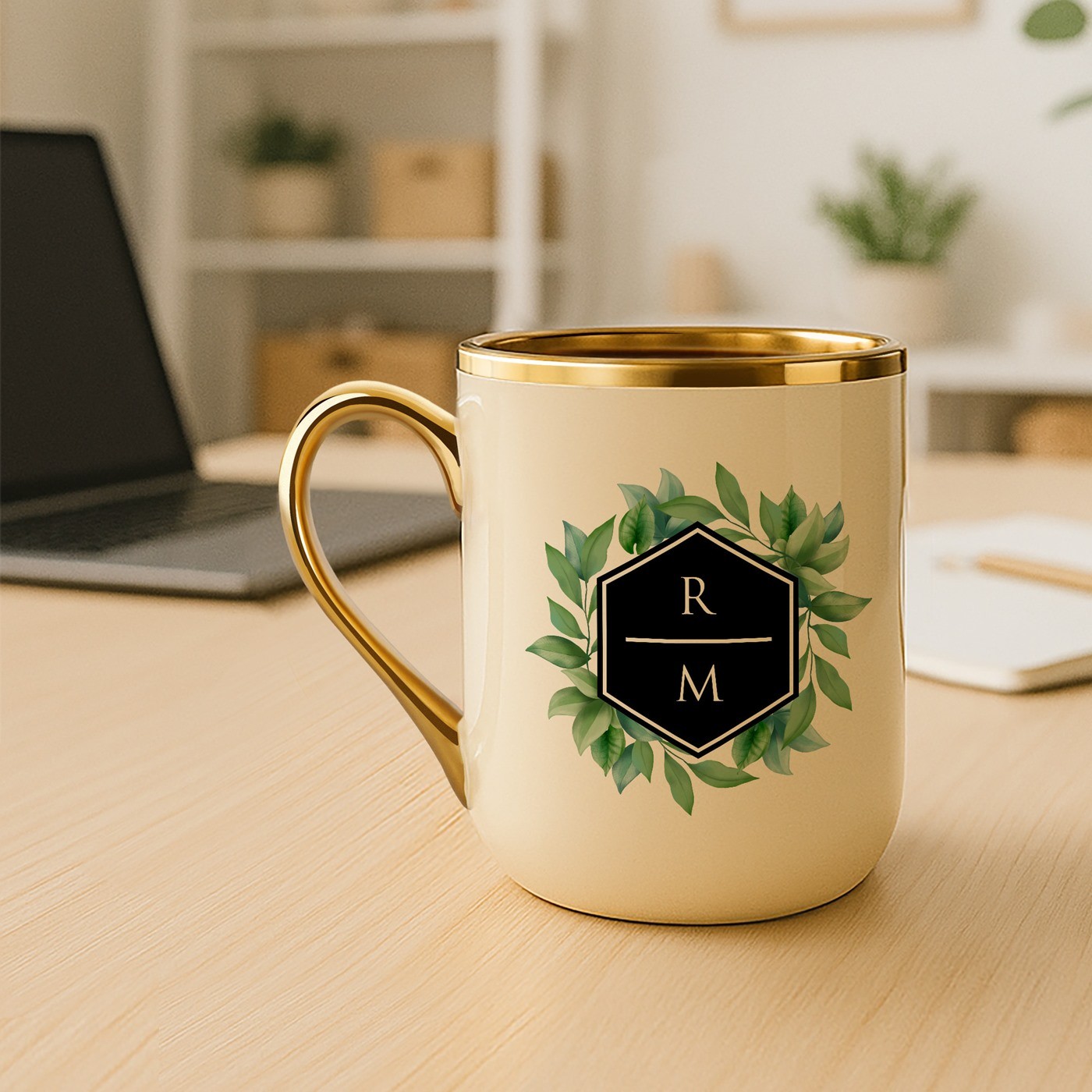 Mug de cerámica beige personalizado con borde y mango dorados para él o ella, Murrano, para el Día de San Valentín
