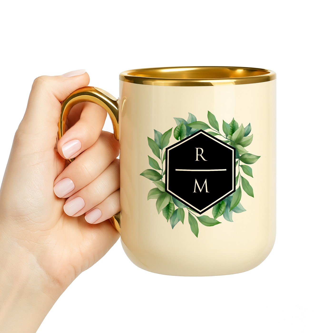 Mug de cerámica beige personalizado con borde y mango dorados para él o ella, Murrano, para el Día de San Valentín