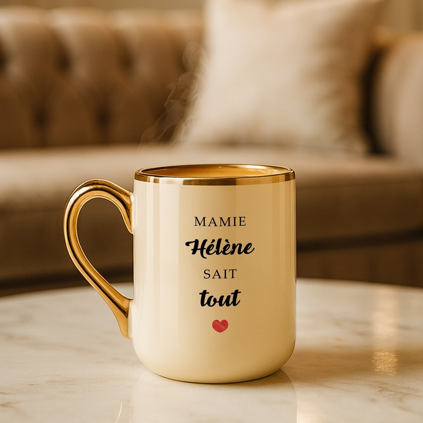 Taza de cerámica beige Murrano con borde y asa dorados para el cumpleaños de la abuela