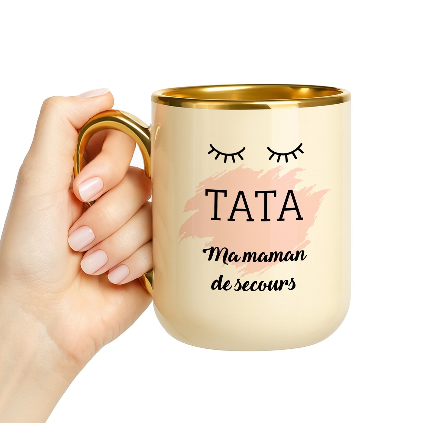 Taza de cerámica beige personalizada con borde y asa dorados para el cumpleaños de una tía