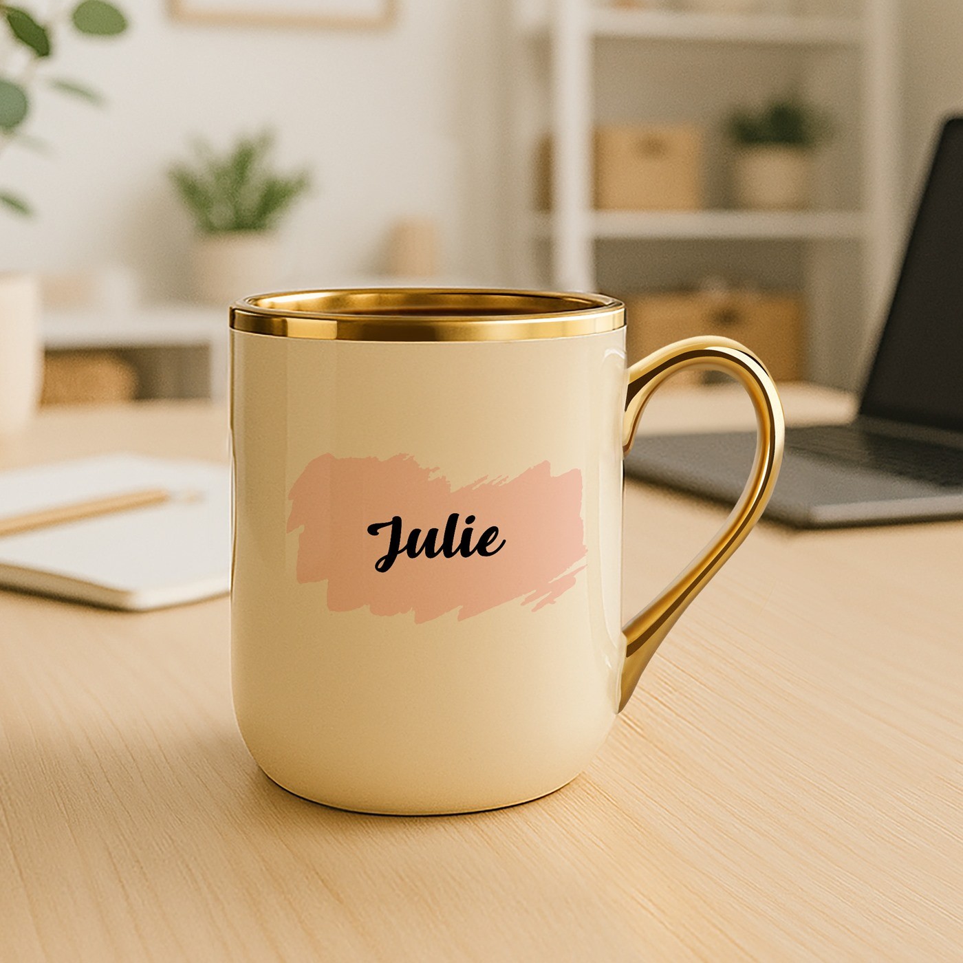 Taza de cerámica beige personalizada con borde y asa dorados para el cumpleaños de una tía