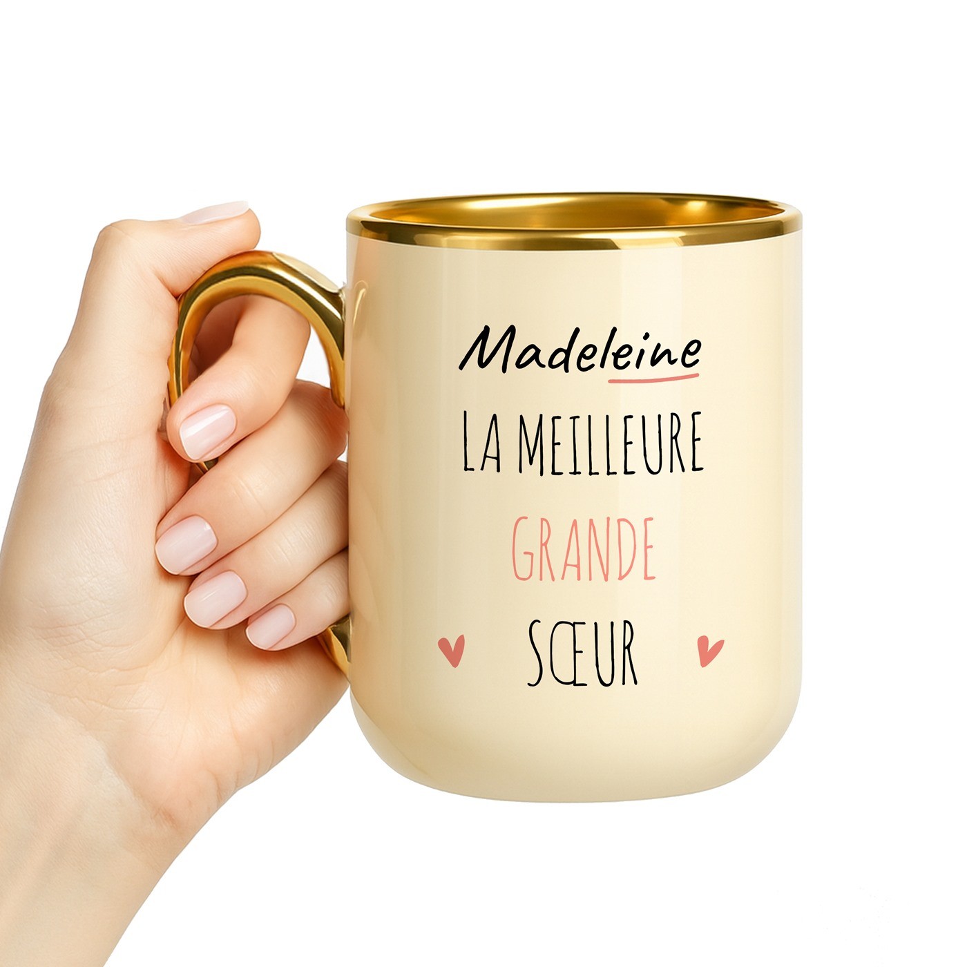 Taza de cerámica beige Murrano con borde y mango dorados para el cumpleaños de su hermana