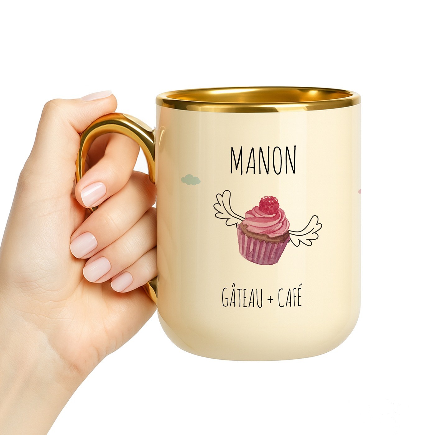 Mug de cerámica beige personalizado con borde y asa dorados para el cumpleaños de una mujer