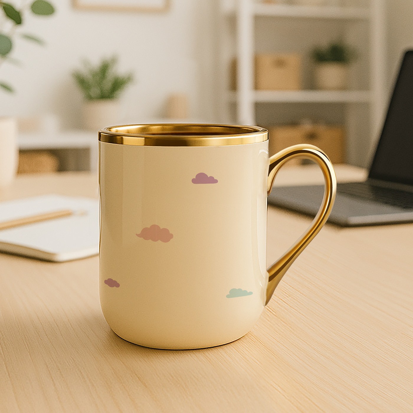 Mug de cerámica beige personalizado con borde y asa dorados para el cumpleaños de una mujer