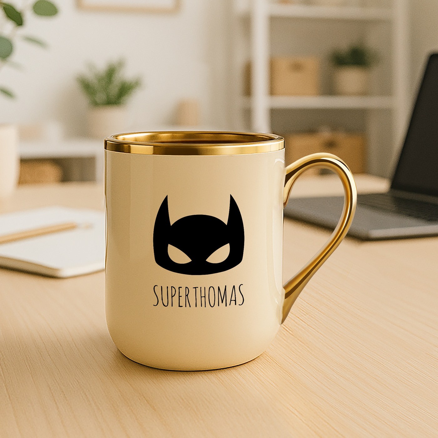 Taza de cerámica beige Murrano con borde y mango dorados para el cumpleaños de un hombre
