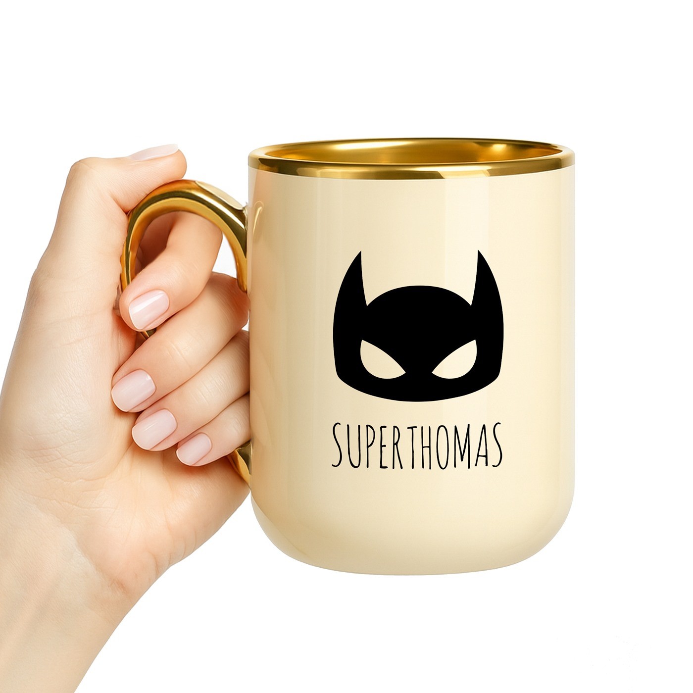 Taza de cerámica beige Murrano con borde y mango dorados para el cumpleaños de un hombre