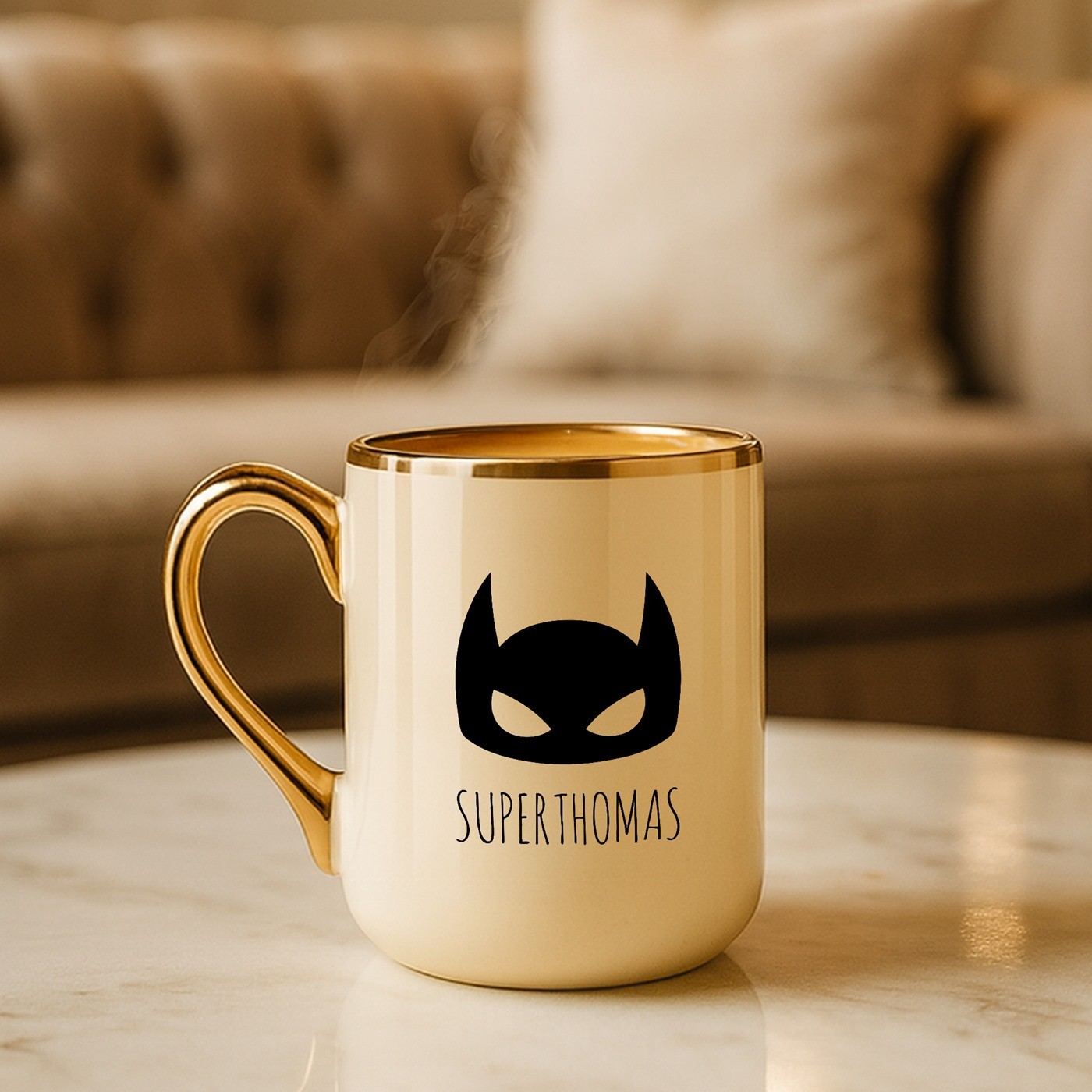 Taza de cerámica beige Murrano con borde y mango dorados para el cumpleaños de un hombre