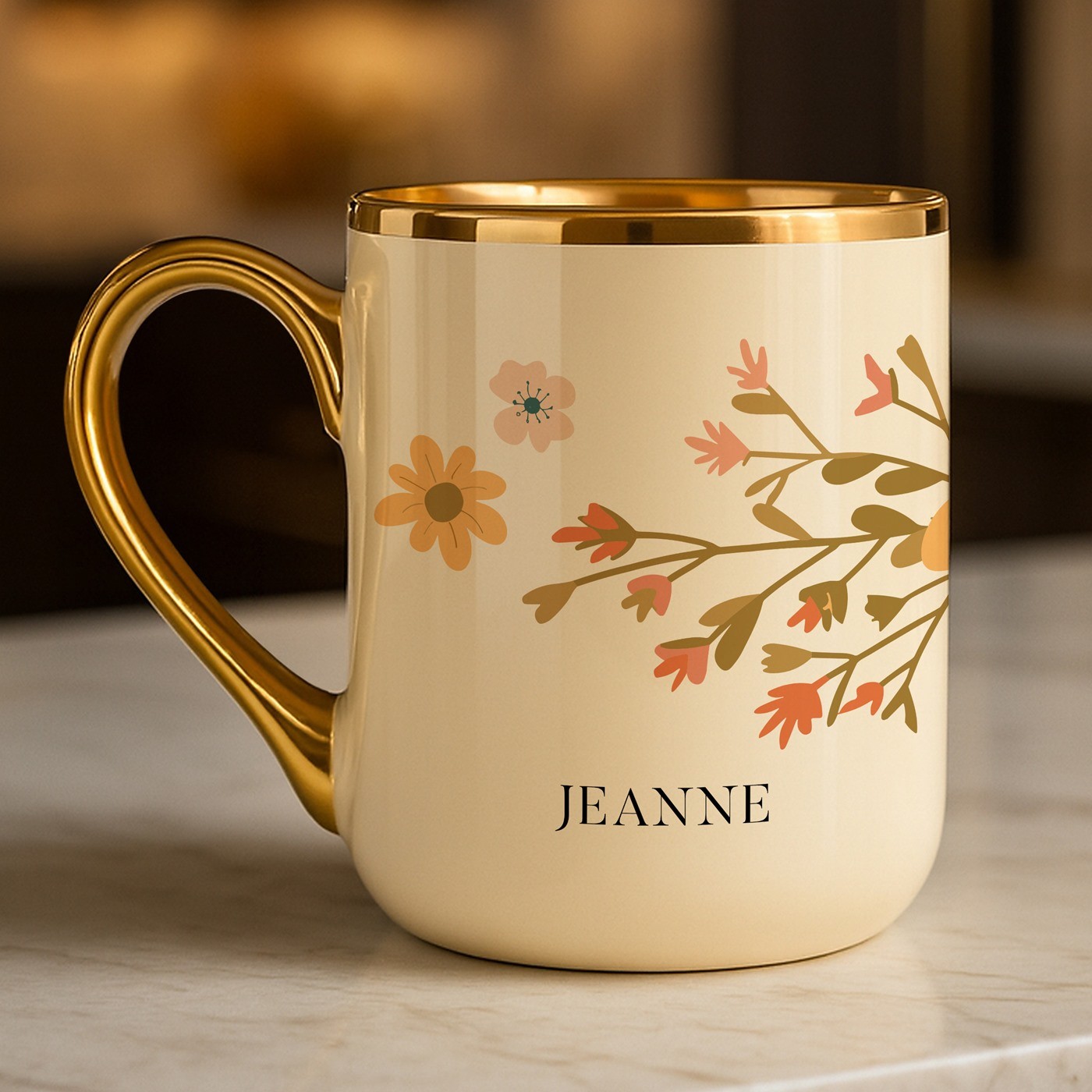 Taza de cerámica beige Murrano con borde y asa dorados para el aniversario de una esposa
