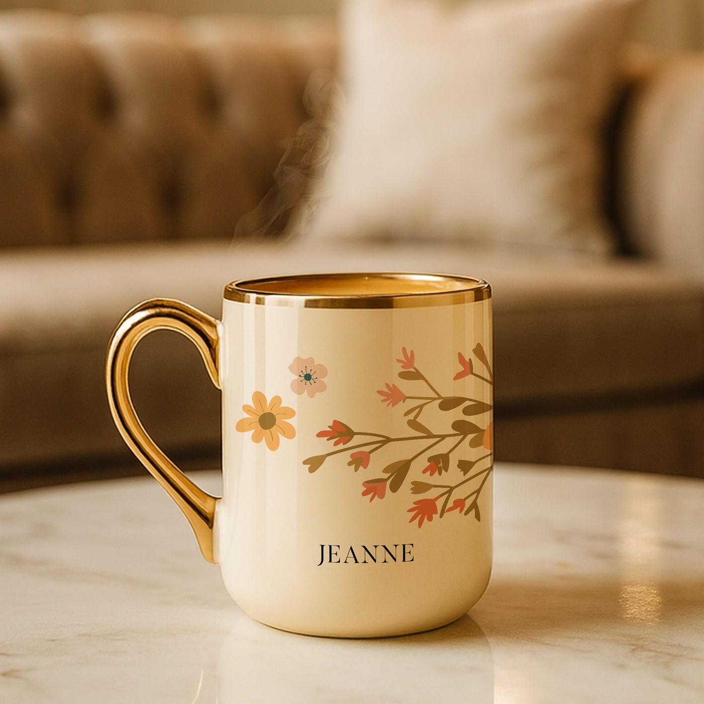 Taza de cerámica beige Murrano con borde y asa dorados para el aniversario de una esposa
