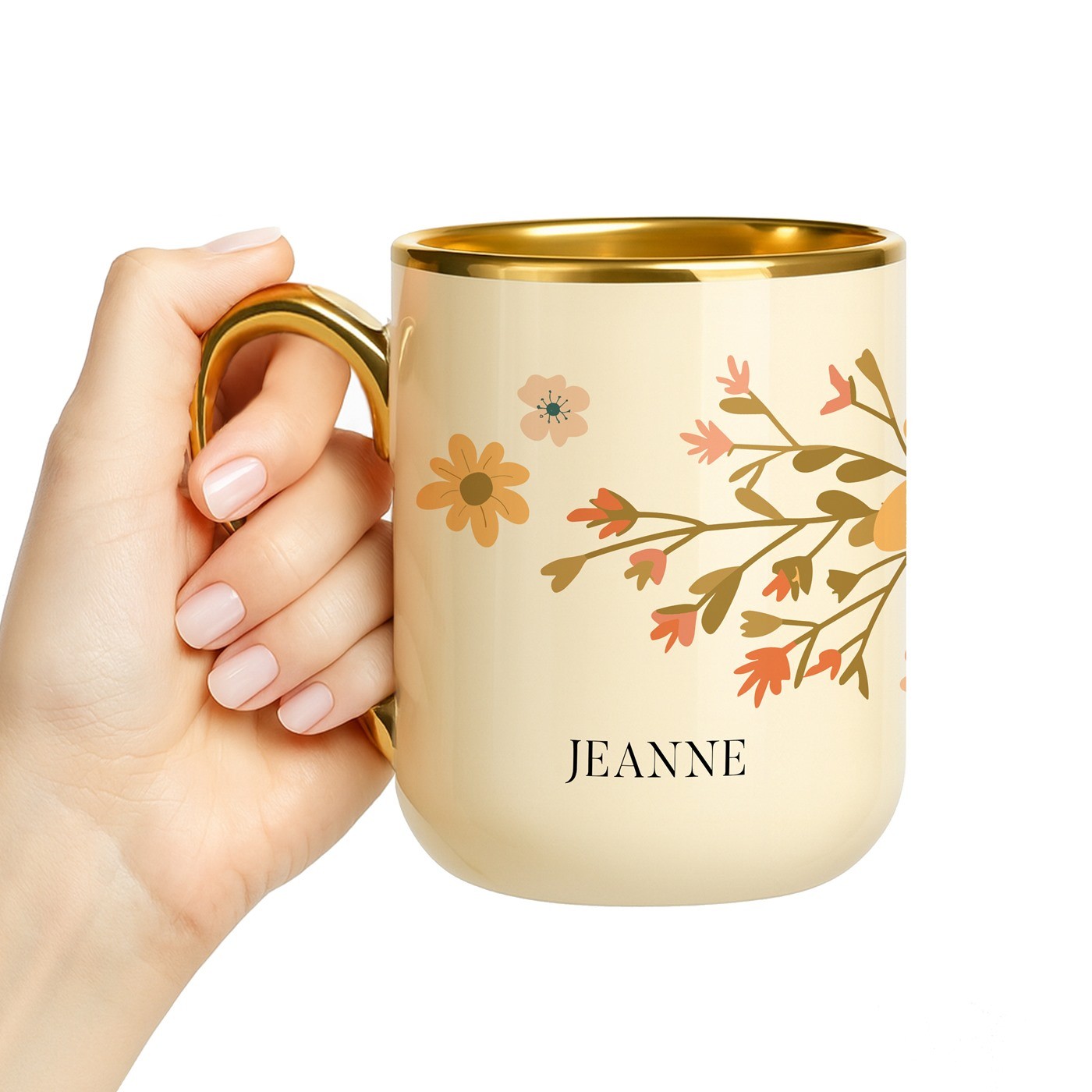 Taza de cerámica beige Murrano con borde y asa dorados para el aniversario de una esposa