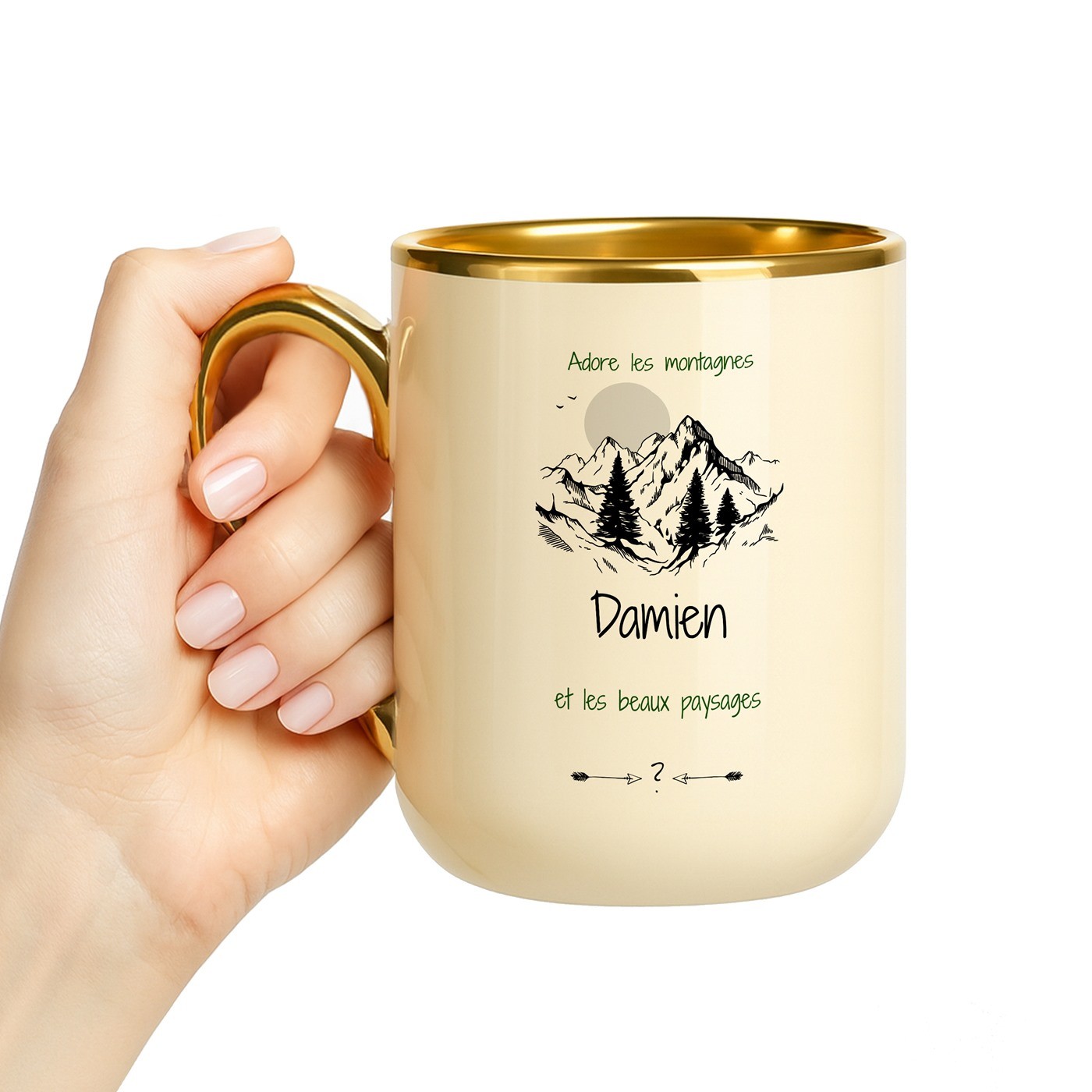 Taza de cerámica Murrano con borde y mango dorados para un amante de las montañas