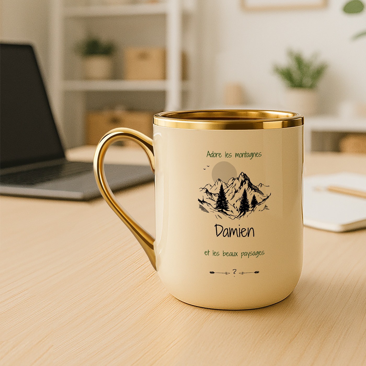 Taza de cerámica Murrano con borde y mango dorados para un amante de las montañas