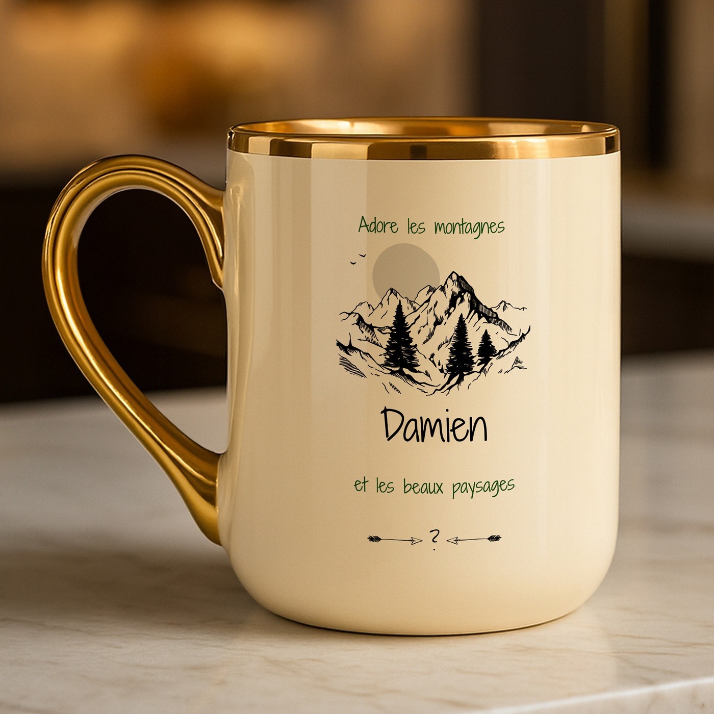 Taza de cerámica Murrano con borde y mango dorados para un amante de las montañas