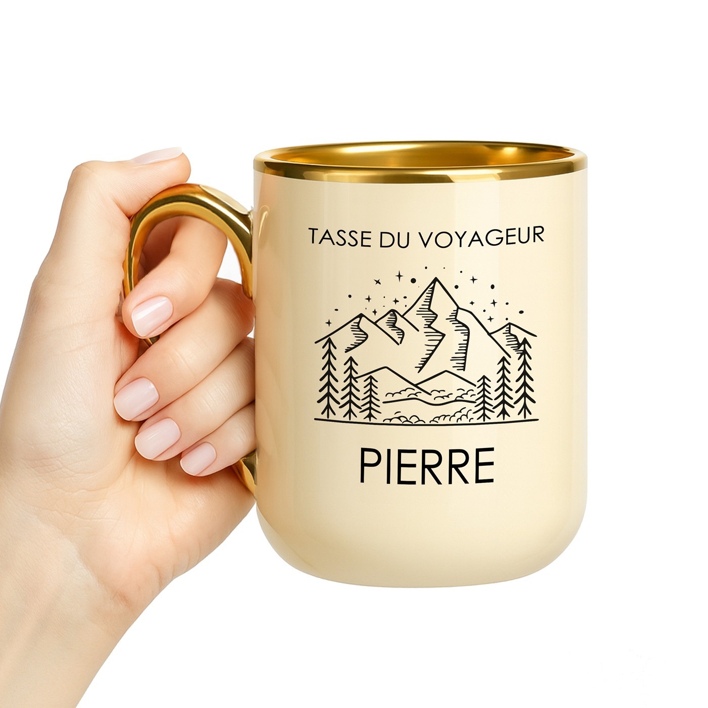 Taza de cerámica beige personalizada con borde y asa dorados para el cumpleaños de un tío viajero