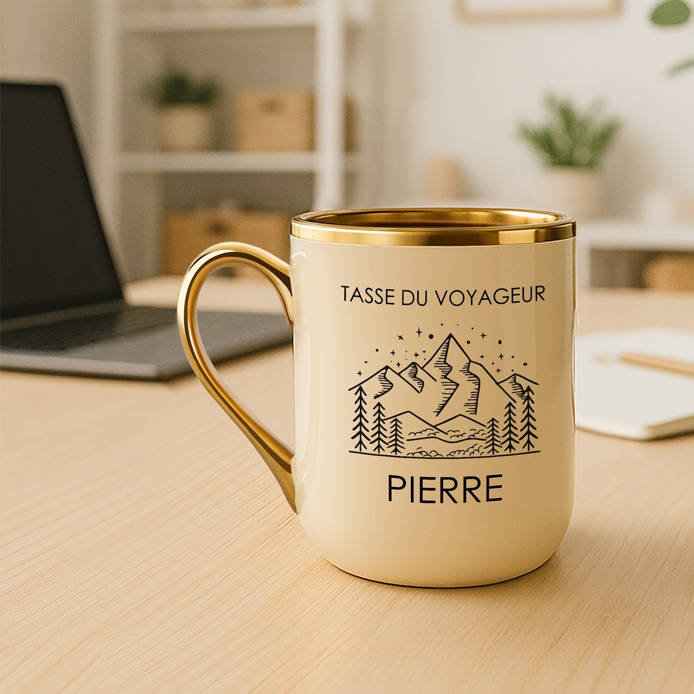Taza de cerámica beige personalizada con borde y asa dorados para el cumpleaños de un tío viajero