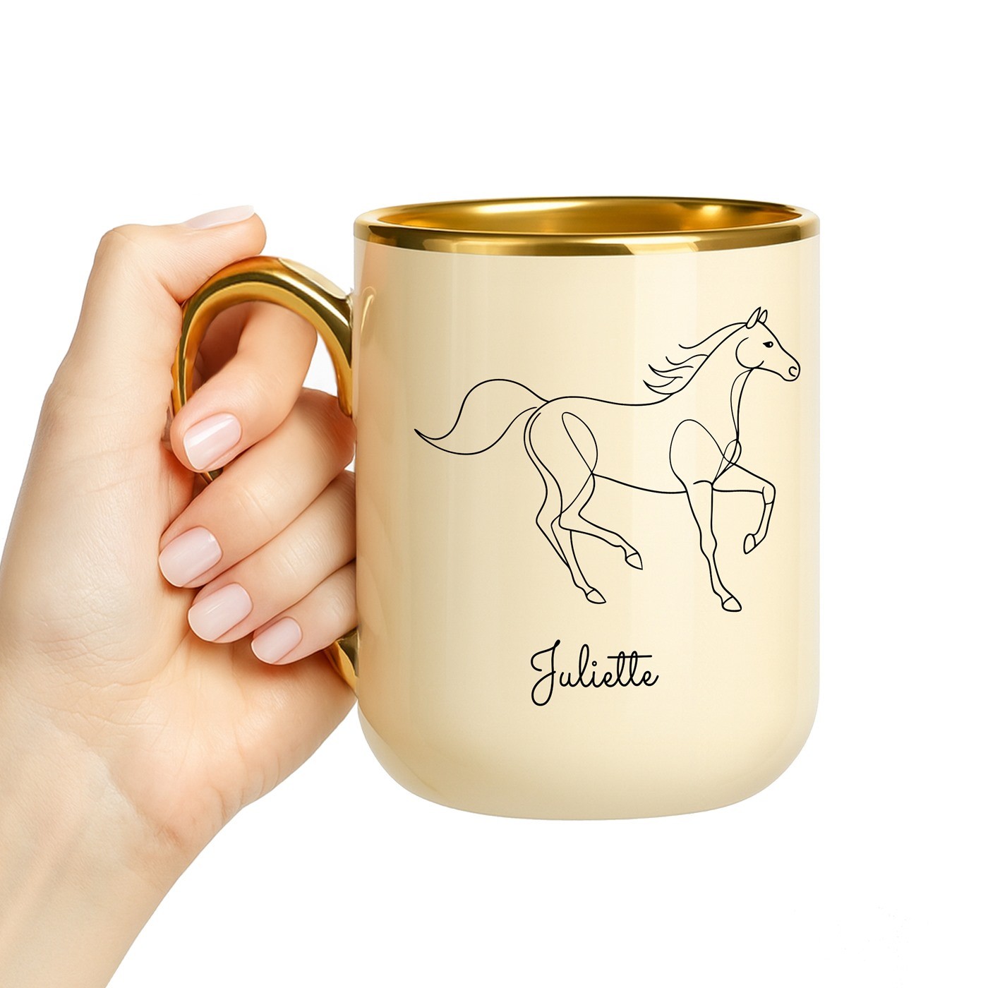 Mug de cerámica Murrano con borde y mango dorados para el cumpleaños de una amante de los caballos