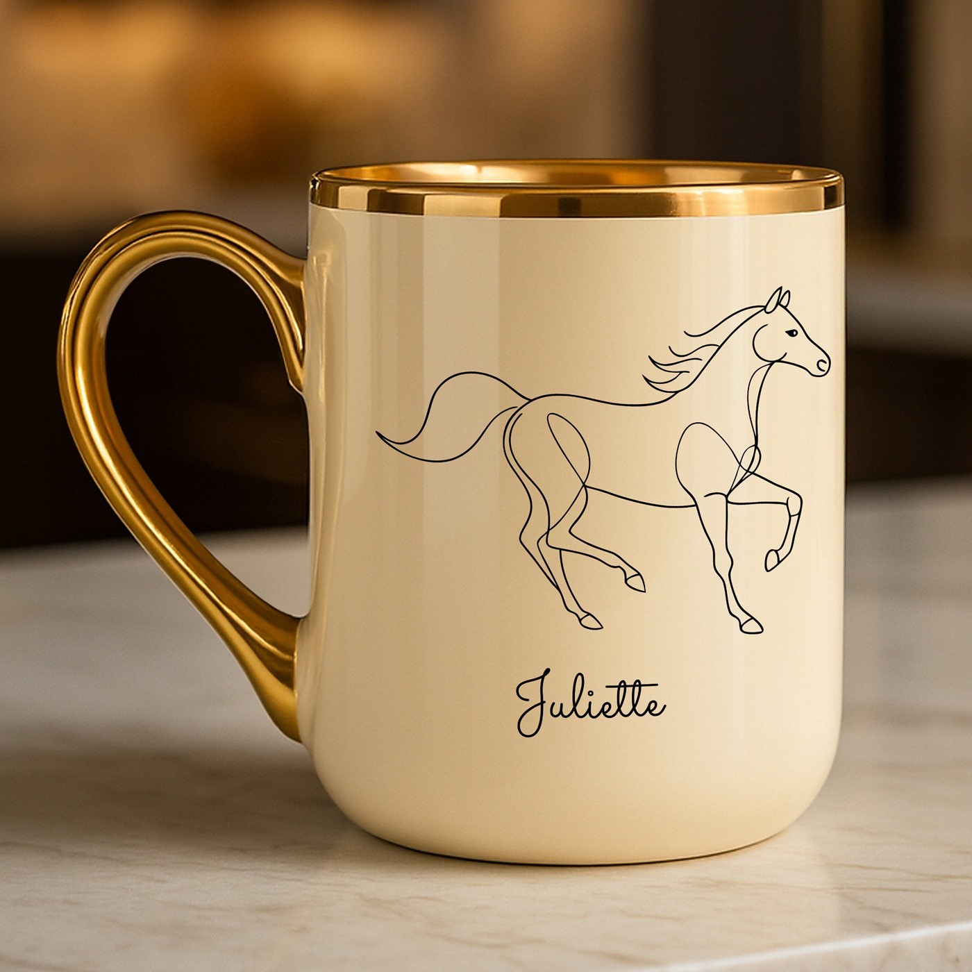 Mug de cerámica Murrano con borde y mango dorados para el cumpleaños de una amante de los caballos