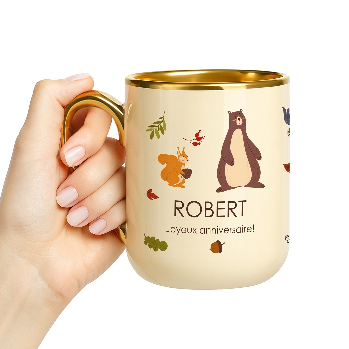 Mug de cerámica beige Murrano con borde y asa dorados para el cumpleaños de mi hijo