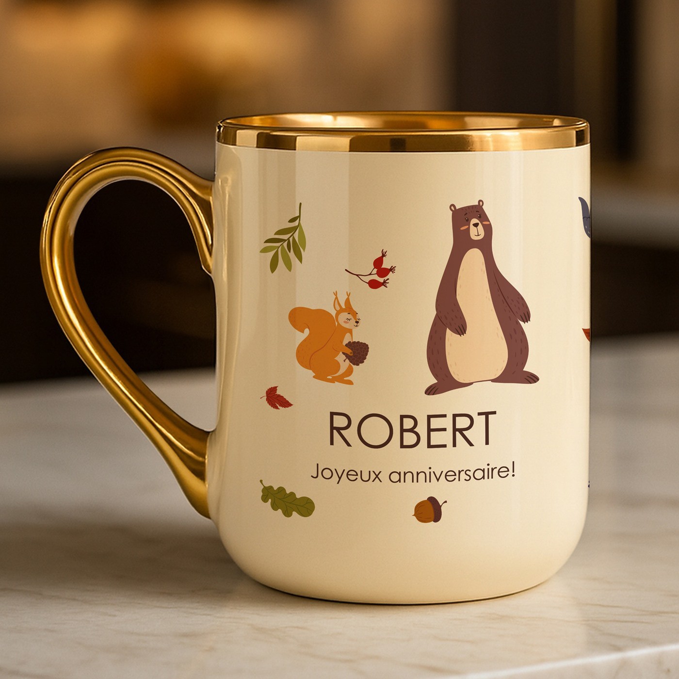 Mug de cerámica beige Murrano con borde y asa dorados para el cumpleaños de mi hijo