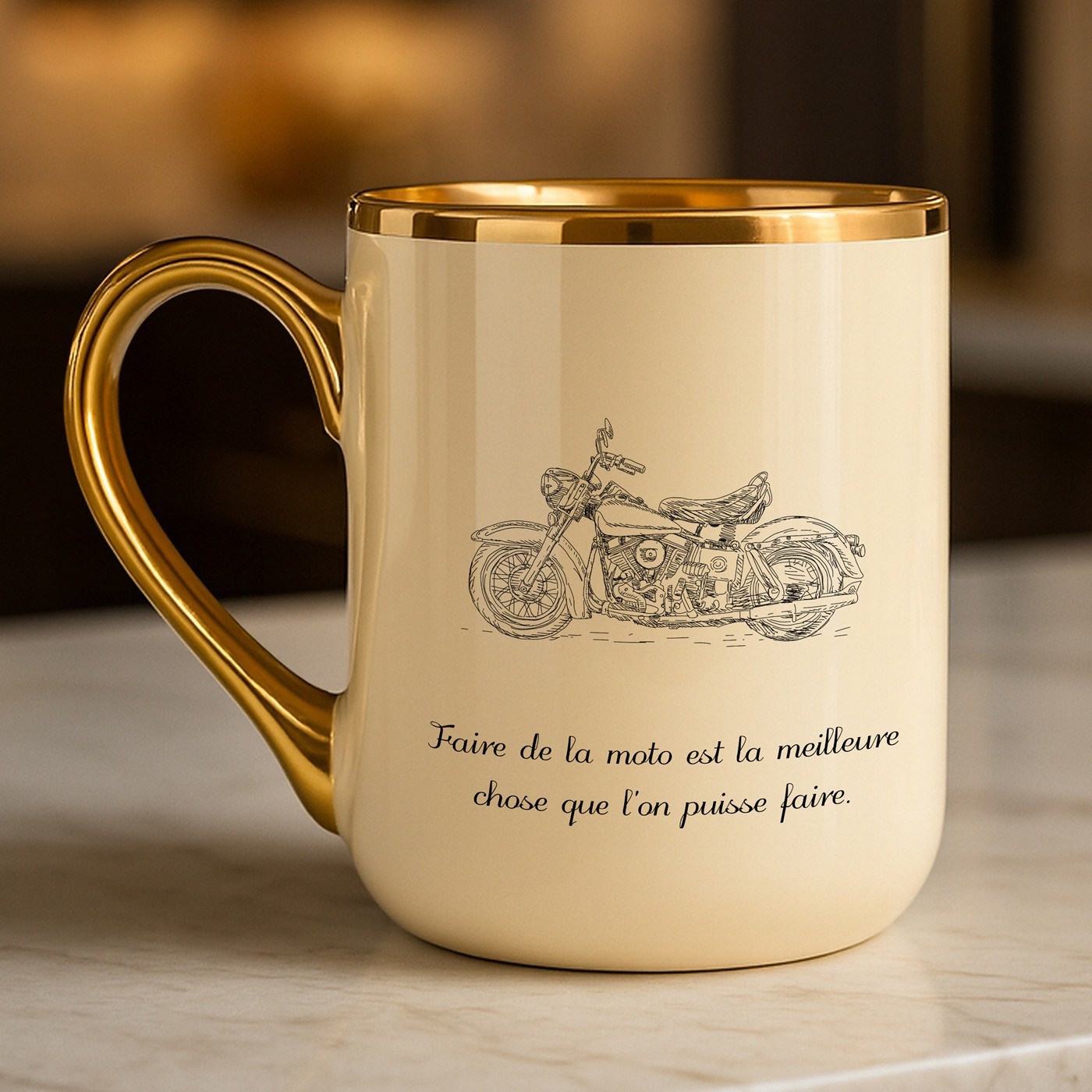 Taza de cerámica Murrano con borde y asa dorados y personalización para un motociclista