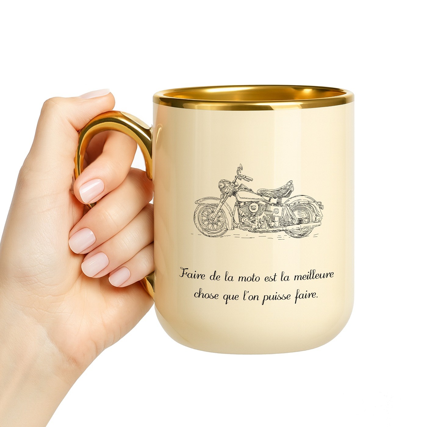 Taza de cerámica Murrano con borde y asa dorados y personalización para un motociclista