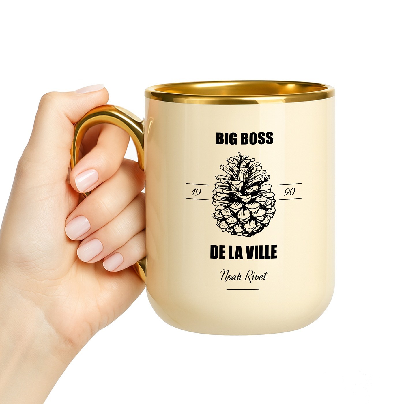 Taza de cerámica beige personalizada con borde y asa dorados para el cumpleaños de un chef