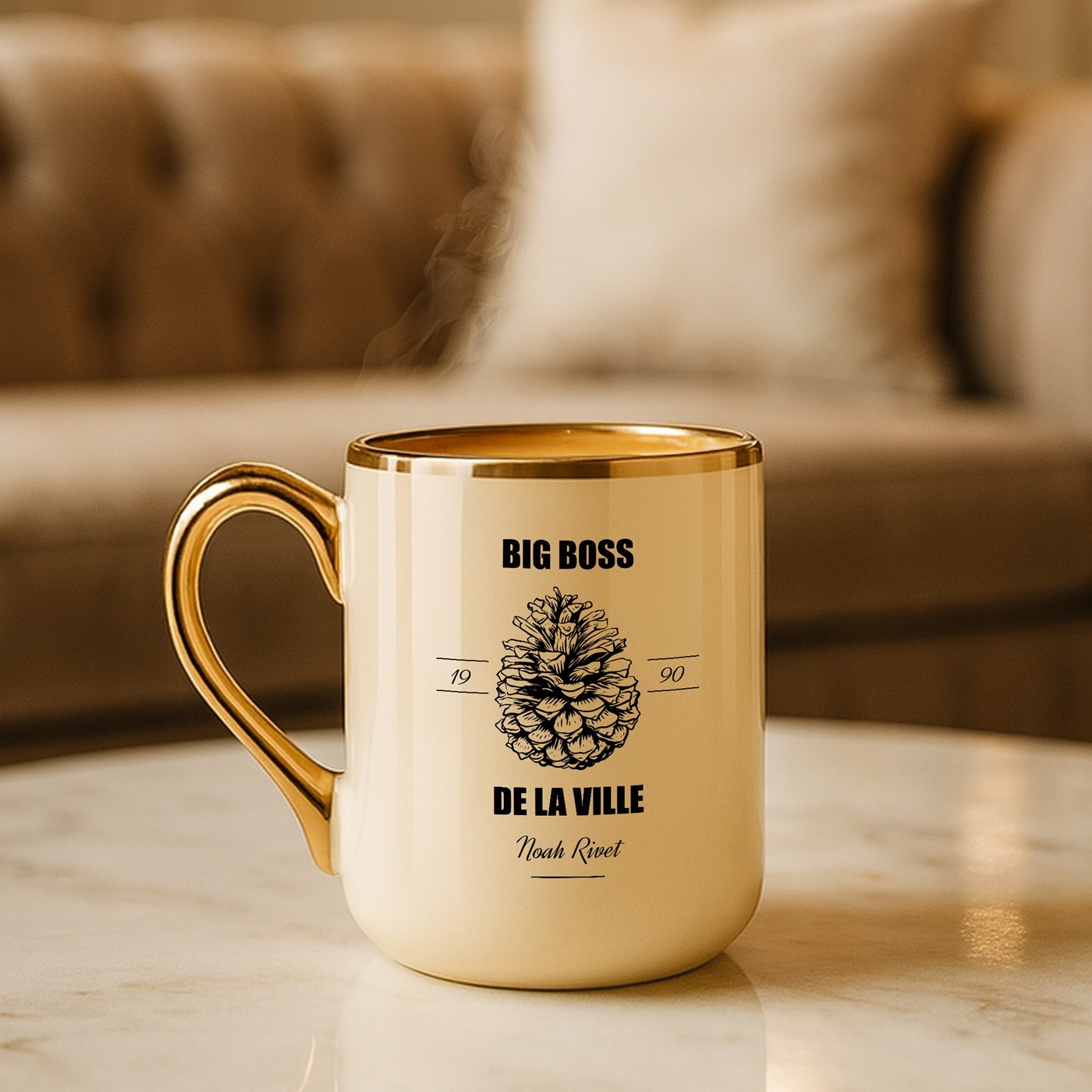 Taza de cerámica beige personalizada con borde y asa dorados para el cumpleaños de un chef