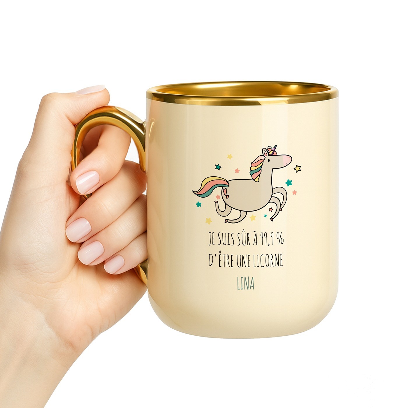 Taza de cerámica beige Murrano con borde y asa dorados para el cumpleaños de su nieta