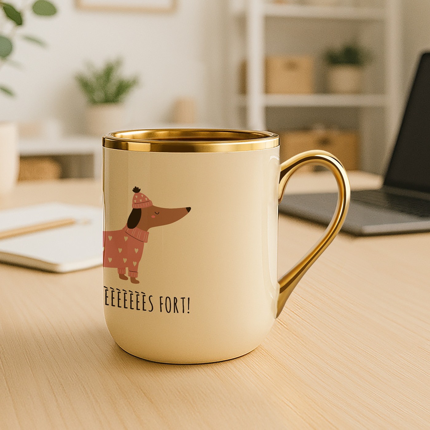 Mug de cerámica beige Murrano con borde y asa dorados para una amante de los perros