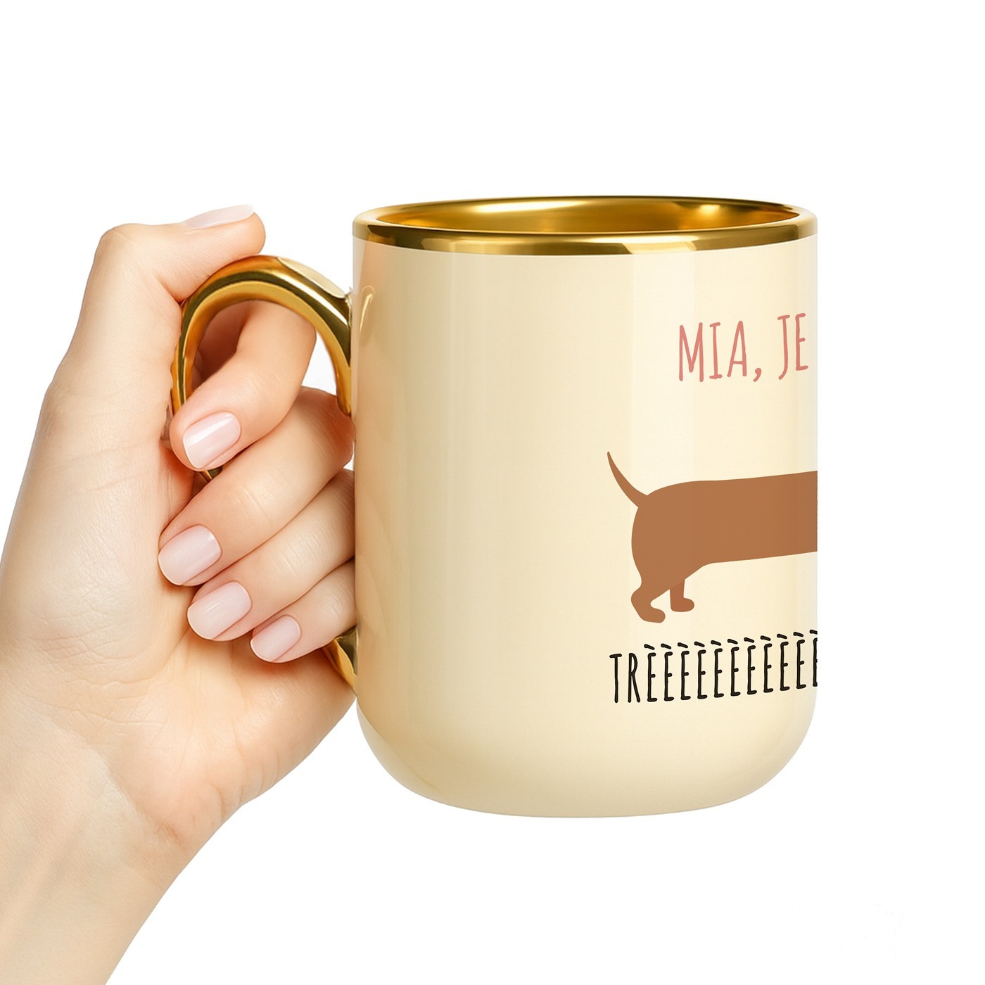 Mug de cerámica beige Murrano con borde y asa dorados para una amante de los perros