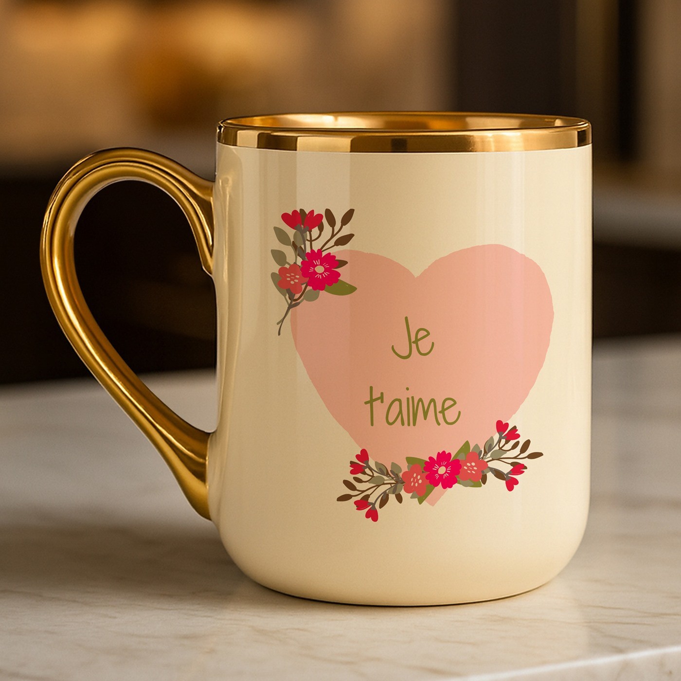 Mug de cerámica personalizado Murrano con borde y asa dorados para el Día de San Valentín