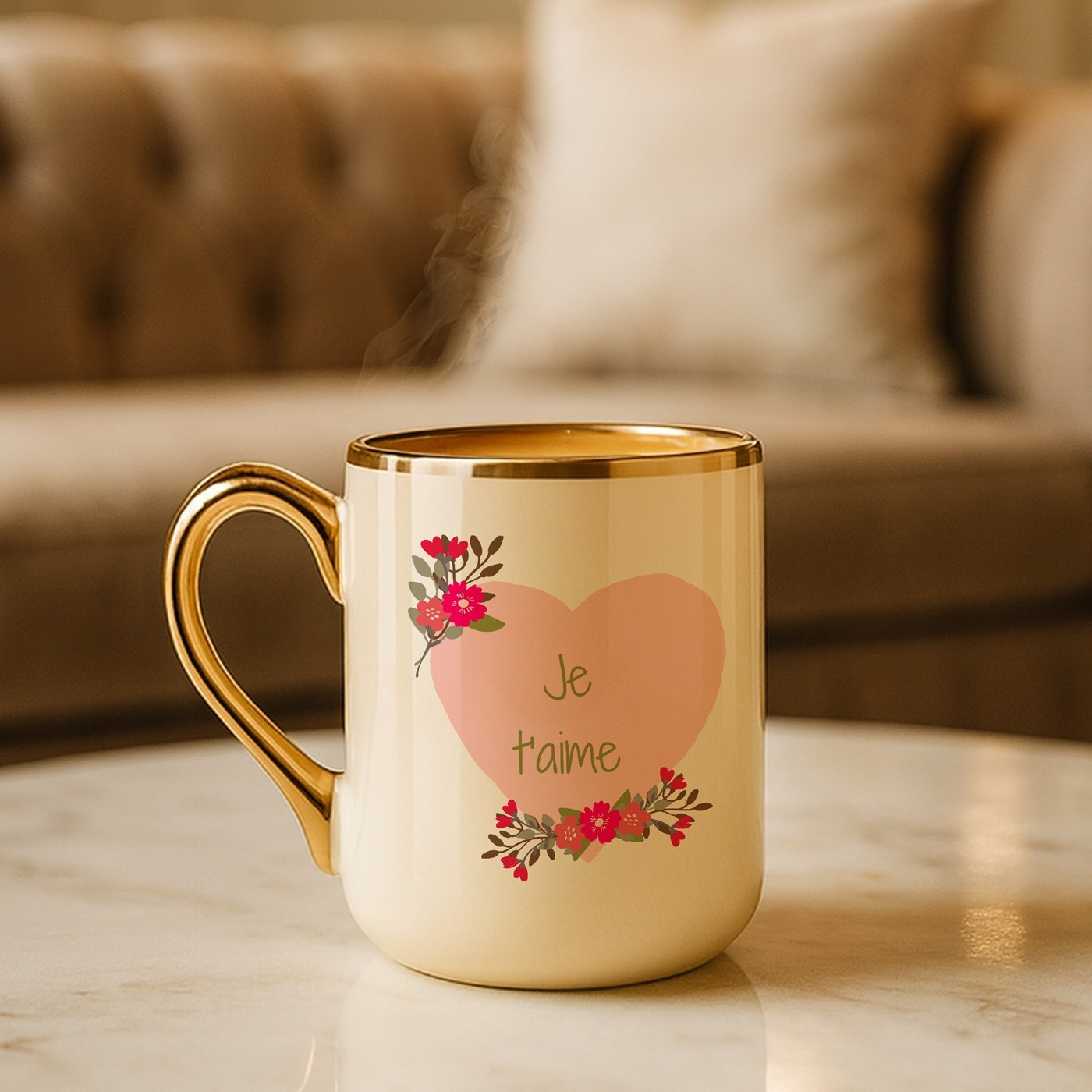 Mug de cerámica personalizado Murrano con borde y asa dorados para el Día de San Valentín