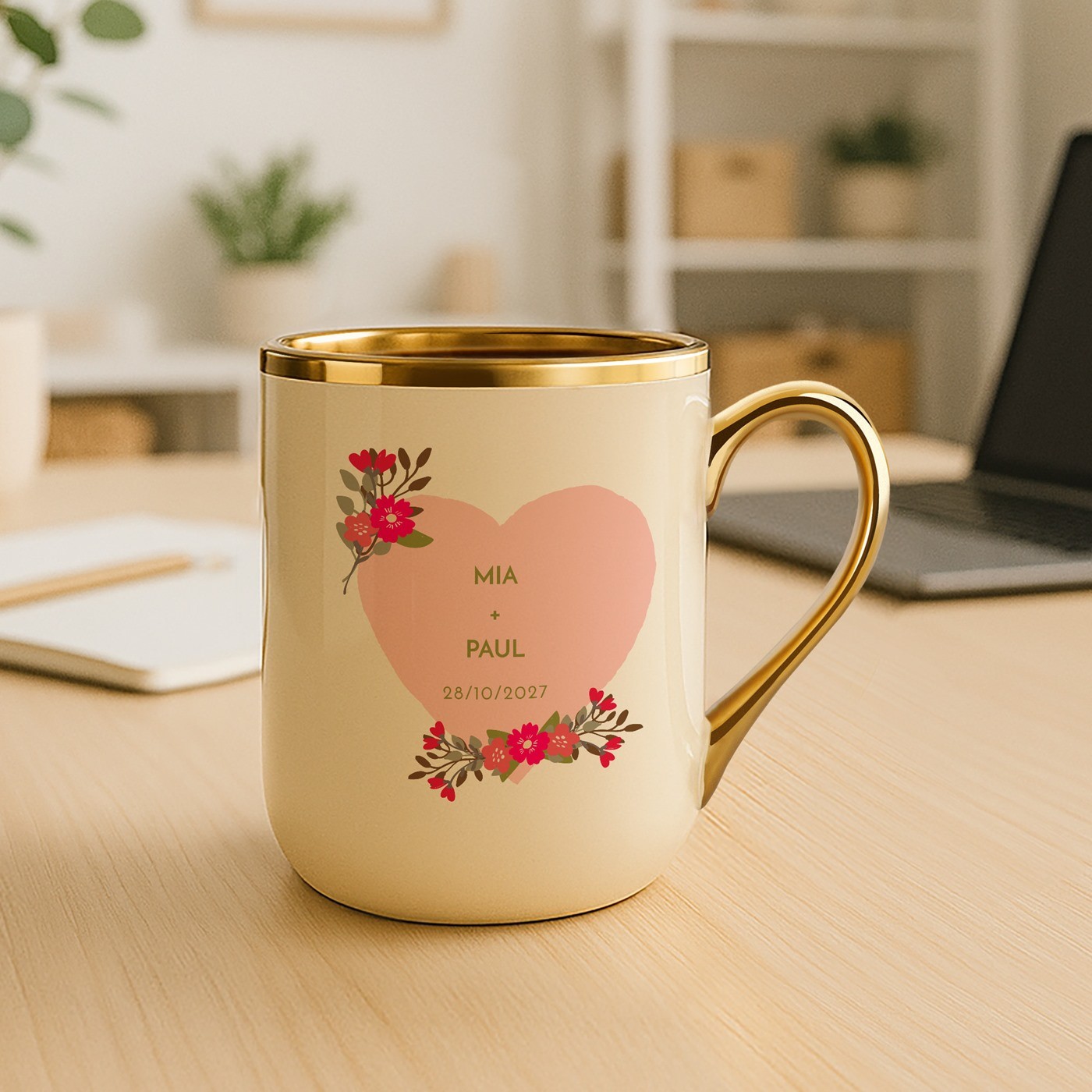 Mug de cerámica personalizado Murrano con borde y asa dorados para el Día de San Valentín