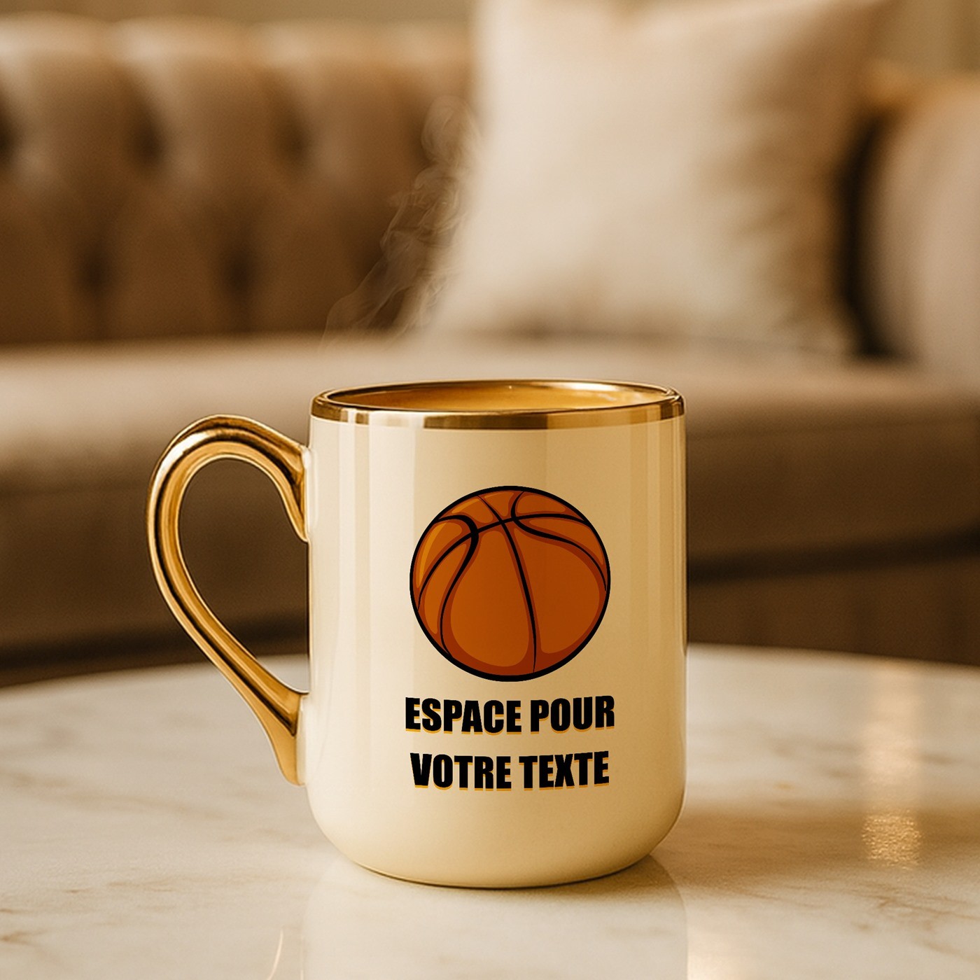 Mug de cerámica beige Murrano con borde y mango dorados para el cumpleaños de un entrenador