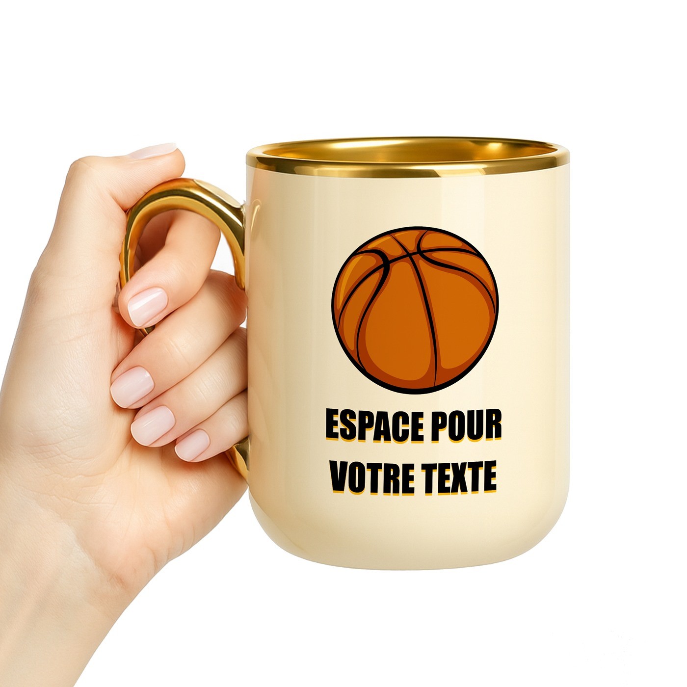 Mug de cerámica beige Murrano con borde y mango dorados para el cumpleaños de un entrenador
