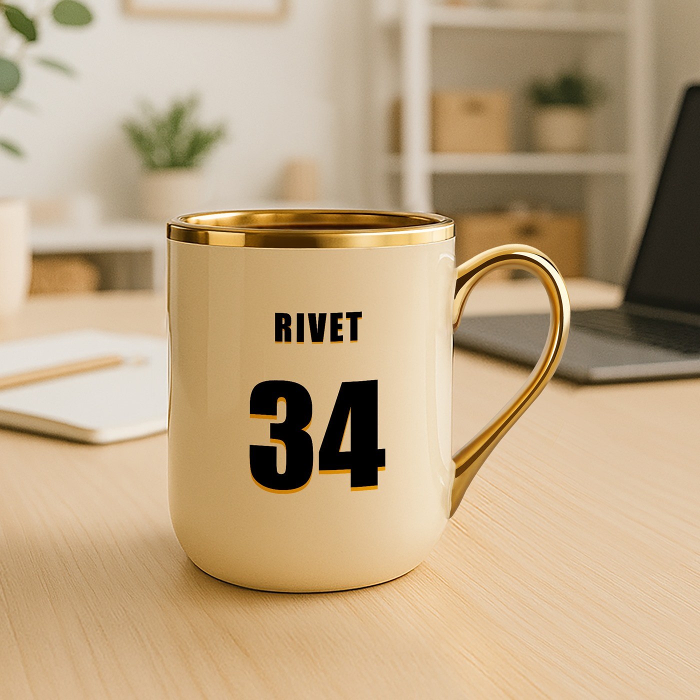 Mug de cerámica beige Murrano con borde y mango dorados para el cumpleaños de un entrenador
