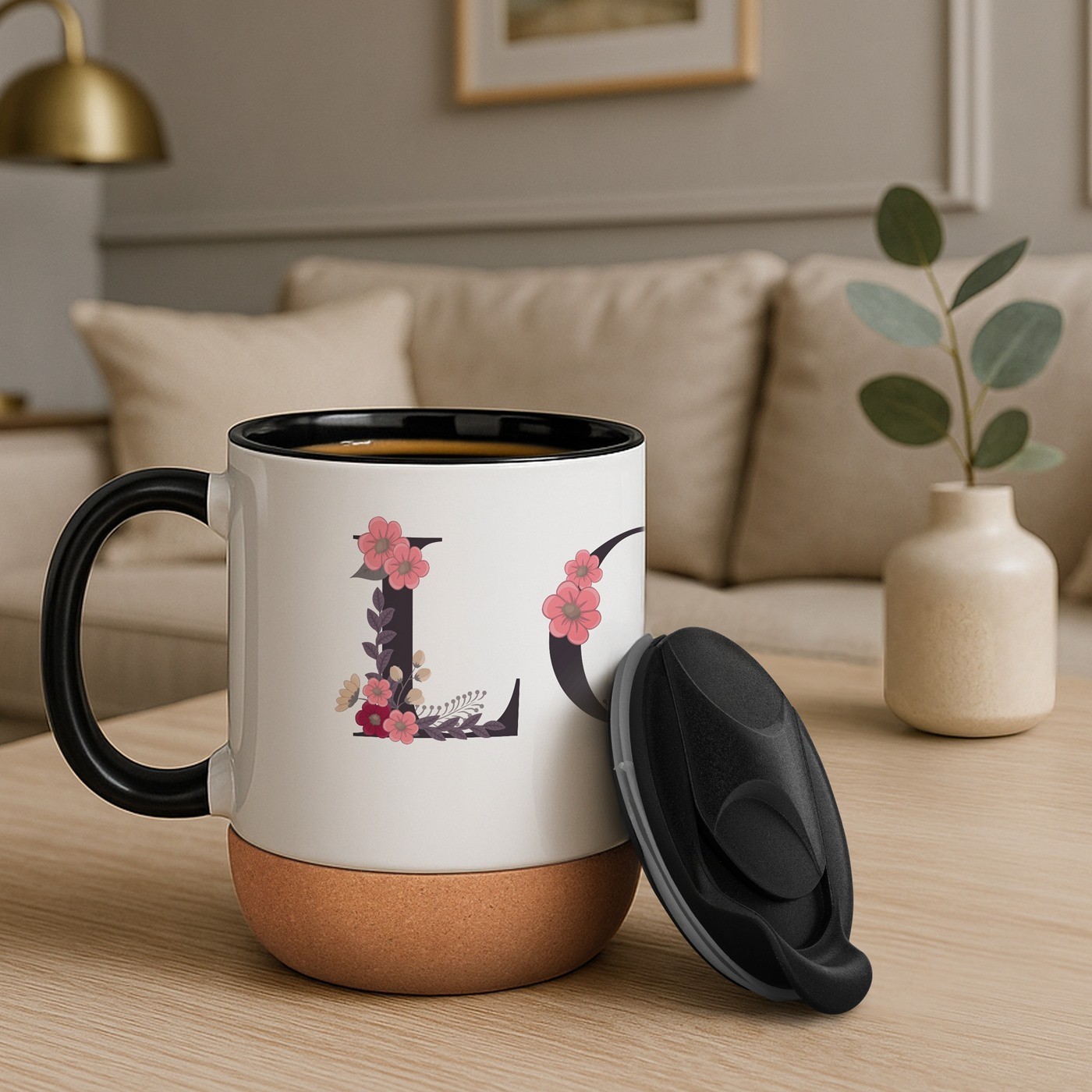 Mug de cerámica blanca Murrano con base de corcho y tapa para ella en San Valentín