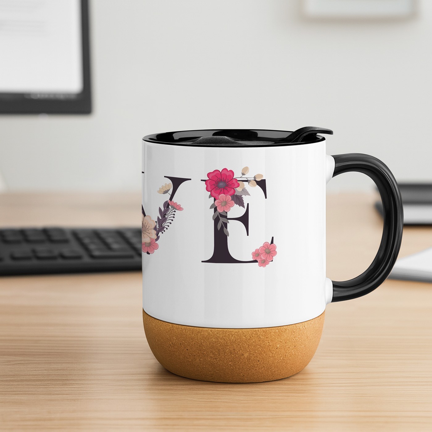 Mug de cerámica blanca Murrano con base de corcho y tapa para ella en San Valentín