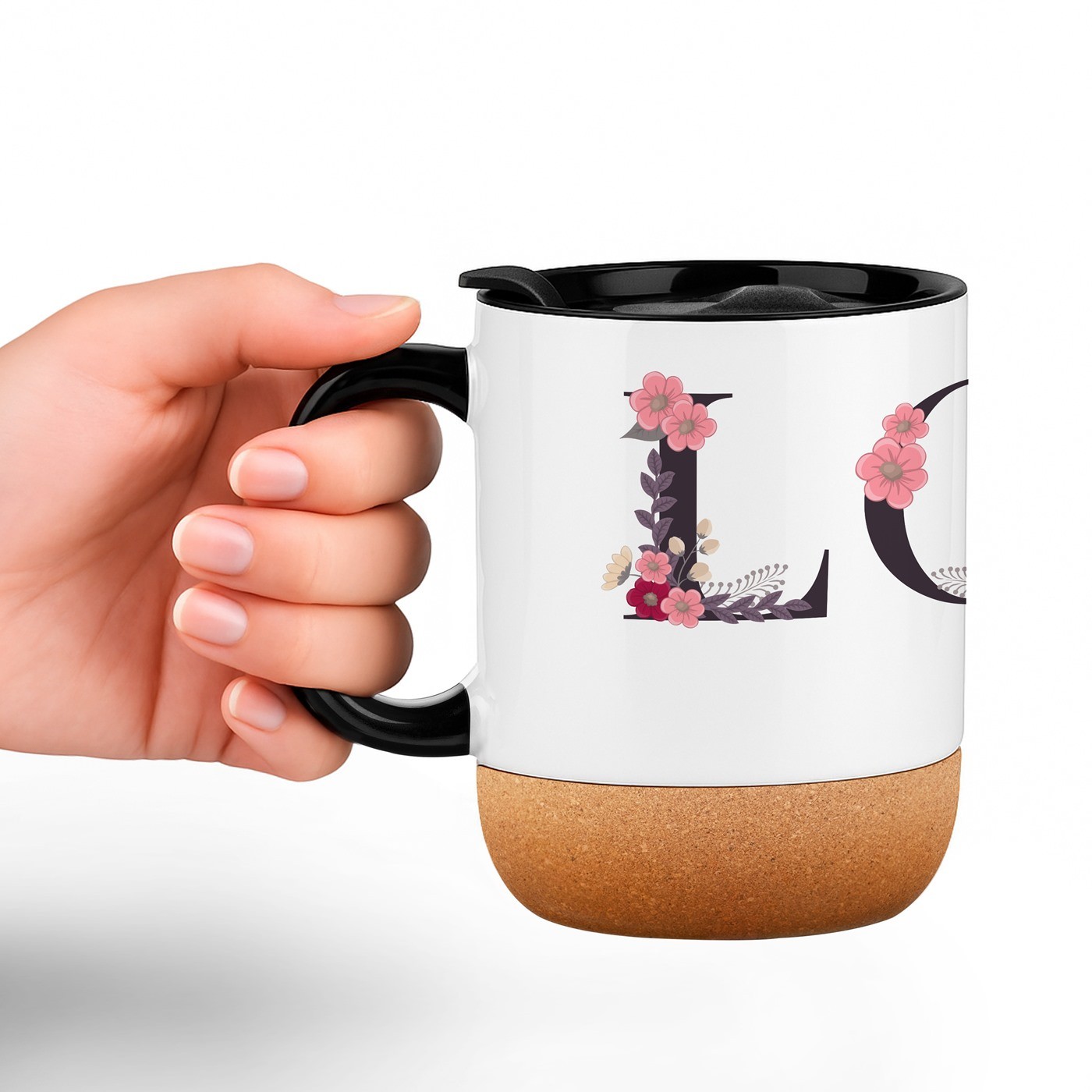 Mug de cerámica blanca Murrano con base de corcho y tapa para ella en San Valentín
