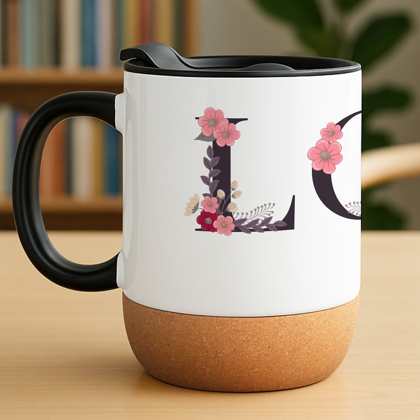 Mug de cerámica blanca Murrano con base de corcho y tapa para ella en San Valentín