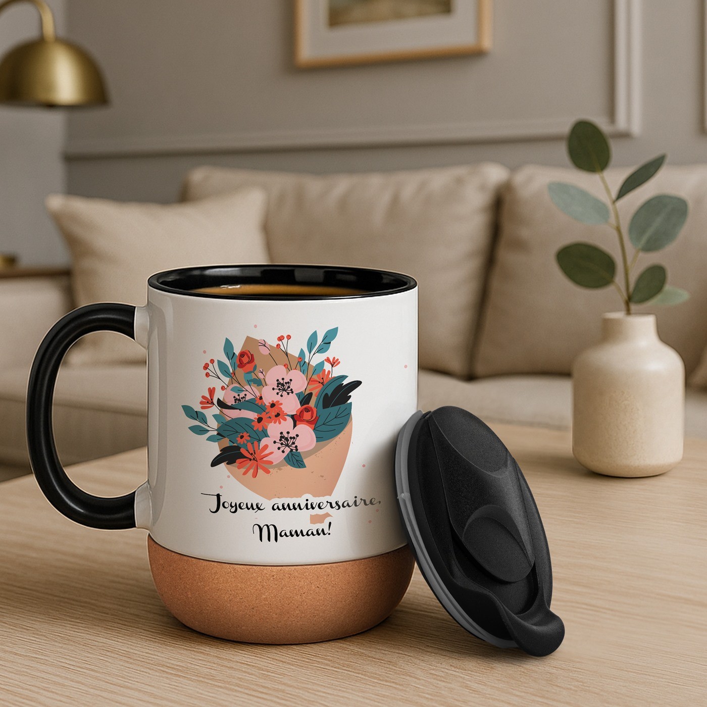 Taza de cerámica blanca Murrano con tapa para el cumpleaños de mamá
