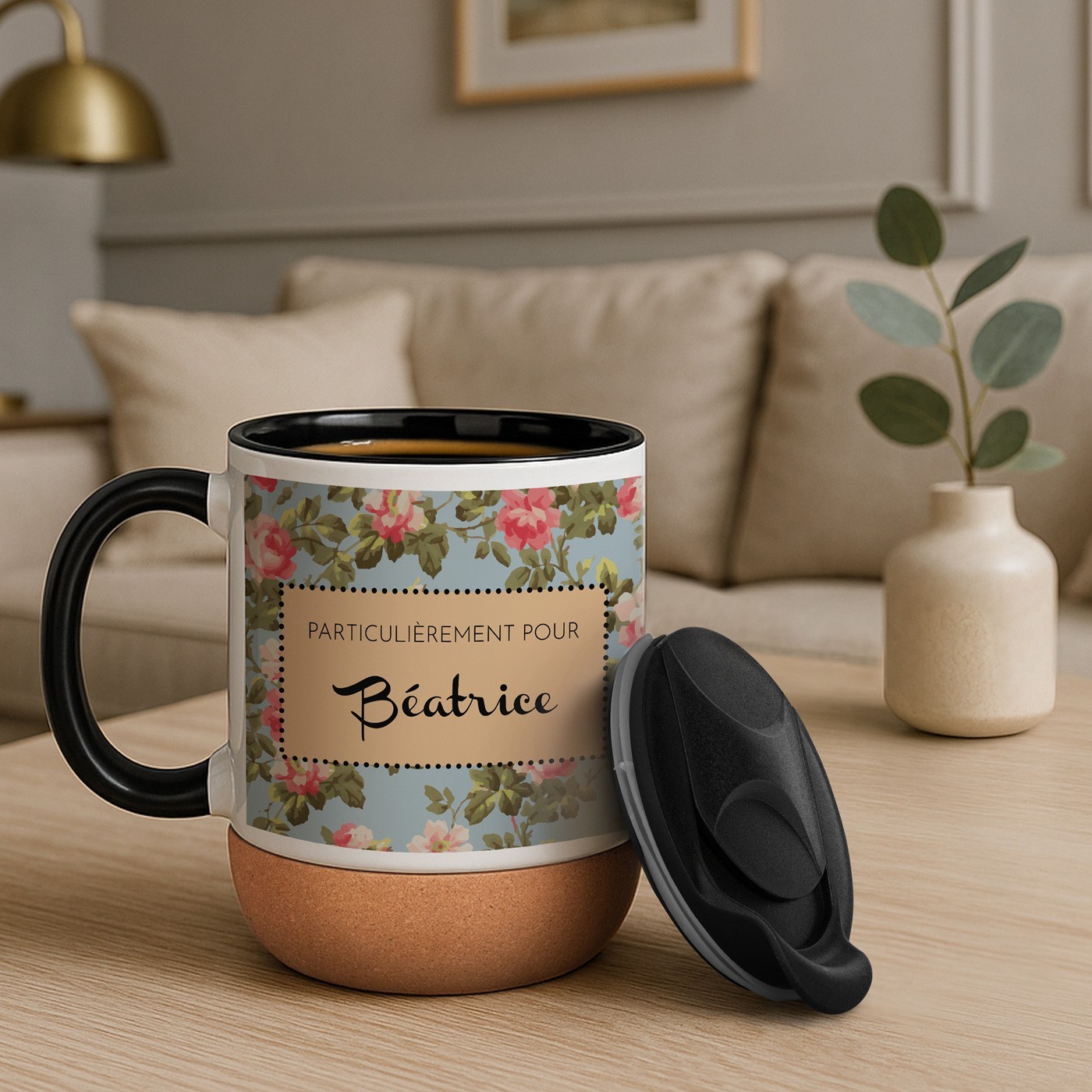 Murrano White Ceramic Mug with Cork Base and Lid for Her Birthday