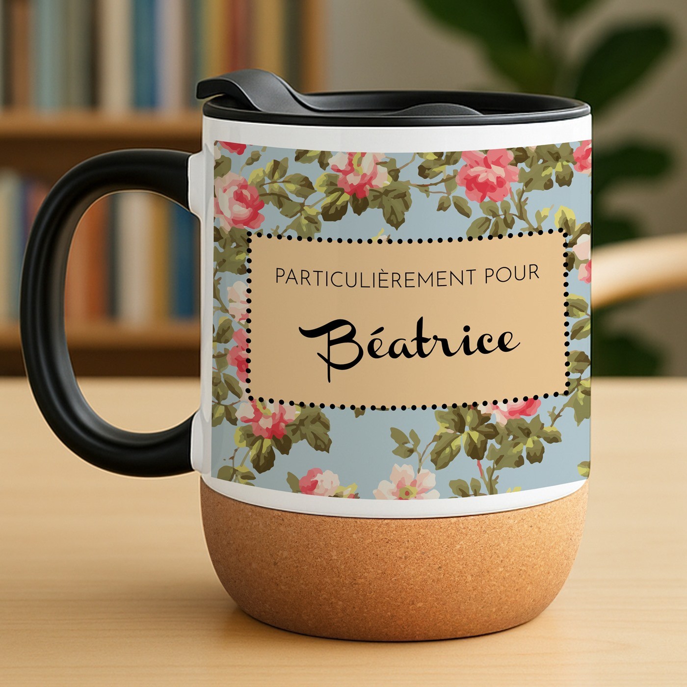 Mug de cerámica blanca Murrano con base de corcho y tapa para ella, cumpleaños